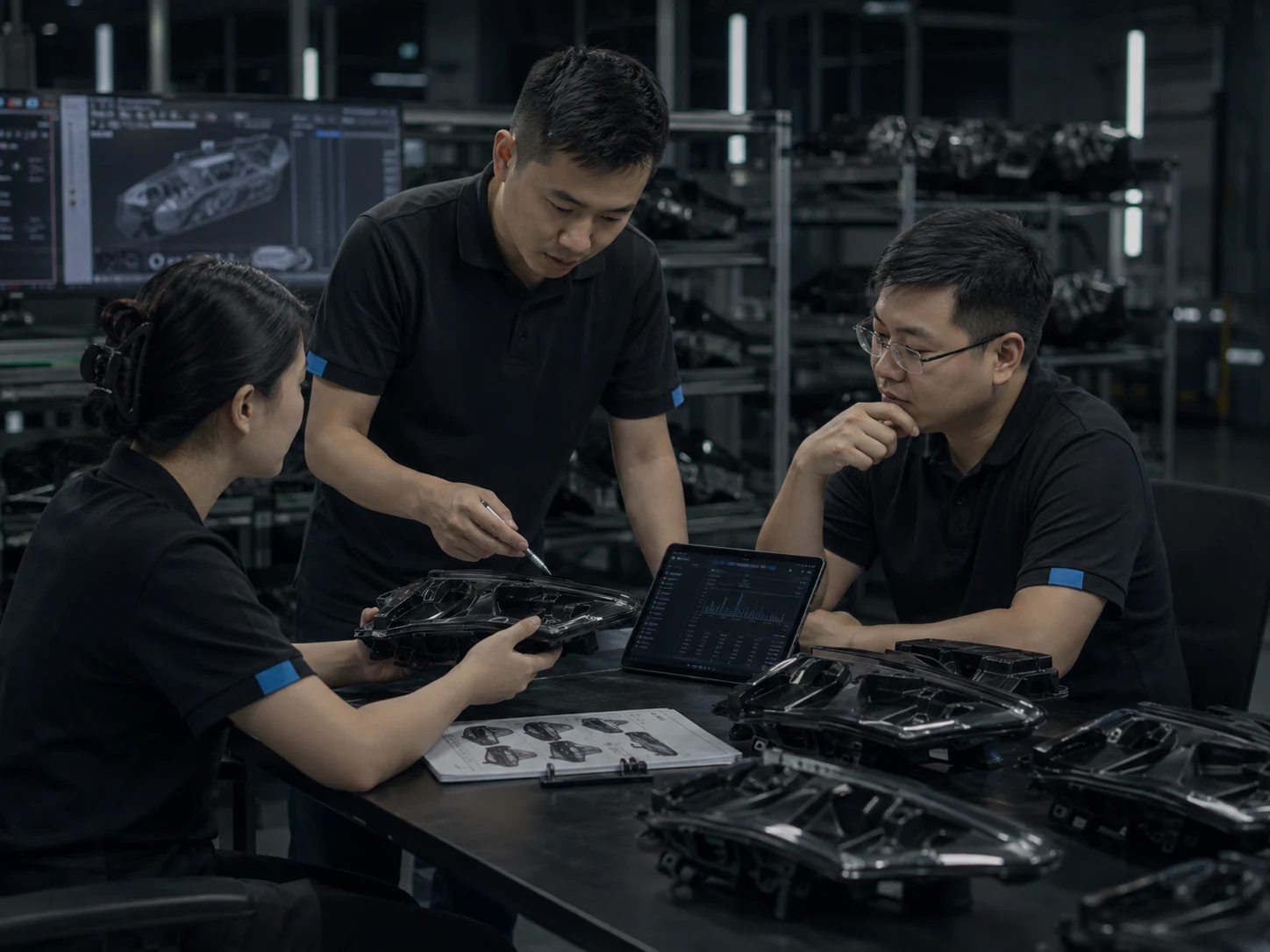 DXZ engineering team reviewing multiple automotive lighting units for a B2B or OEM batch quality issue.