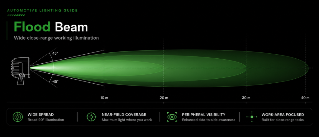 DXZ flood beam pattern for wide nearby work-area illumination