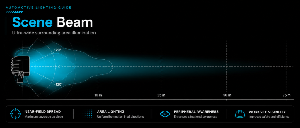 DXZ scene beam pattern for wide-area illumination around vehicles and equipment