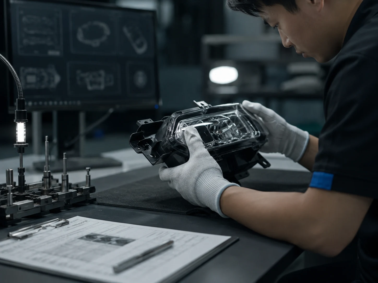 DXZ technician examining an automotive lighting unit during a warranty claim technical review.