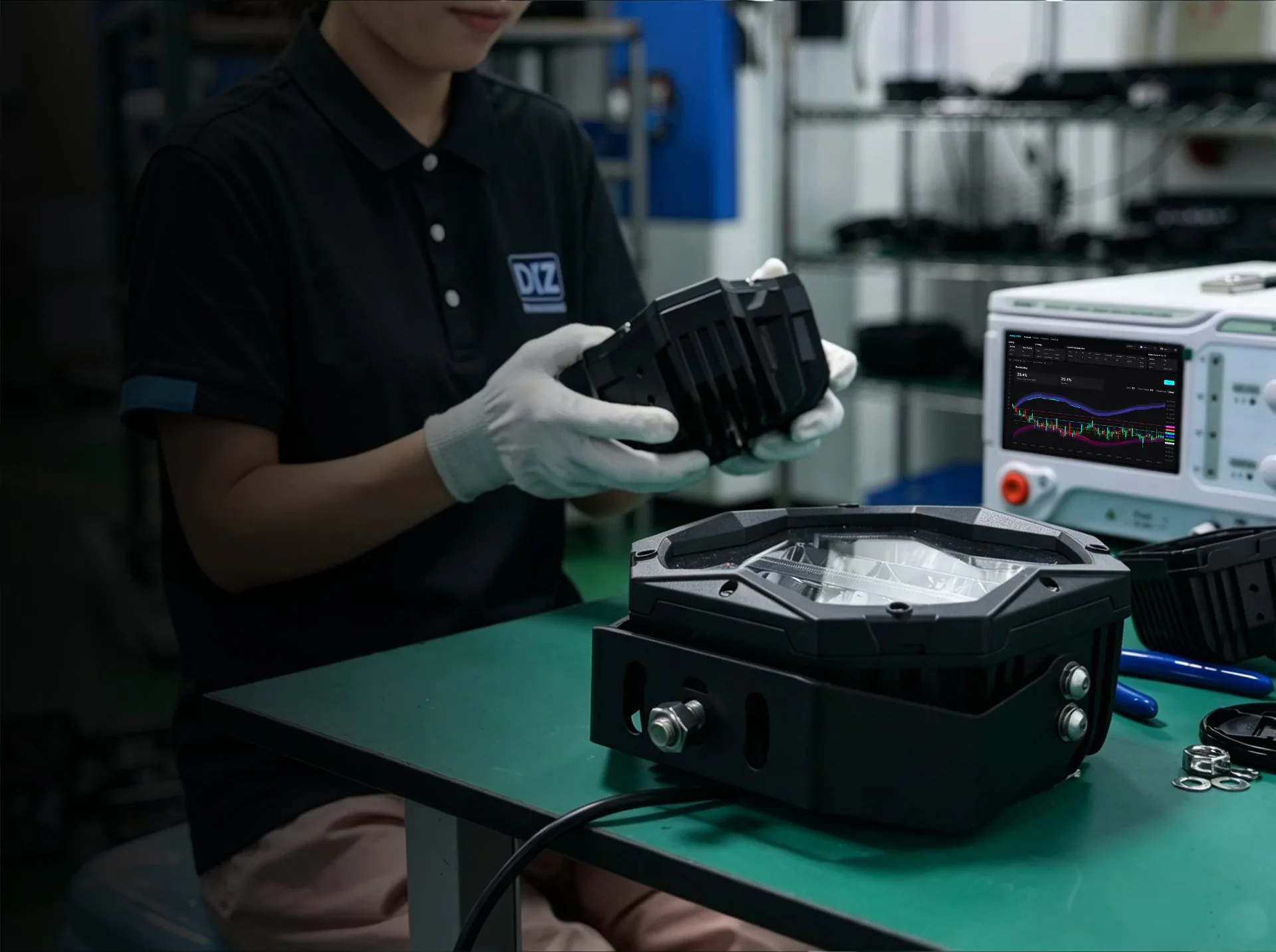 DXZ technician wearing gloves inspecting an automotive LED light bar on the test bench during a warranty claim technical review.