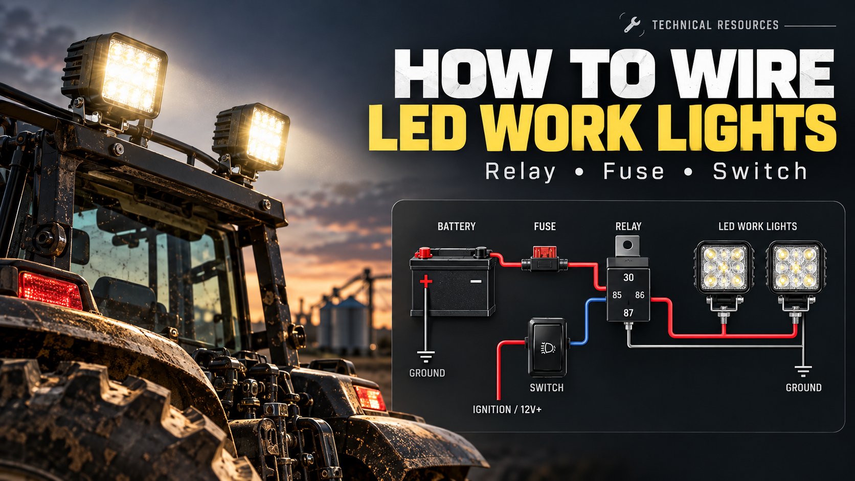 Wiring diagram for LED work lights showing a 12 V or 24 V vehicle battery, an inline fuse, a four-pin relay with terminals 30, 85, 86 and 87, a rocker switch fed from ignition, and two LED work lights connected in parallel with grounds at the battery and at the lamp return.