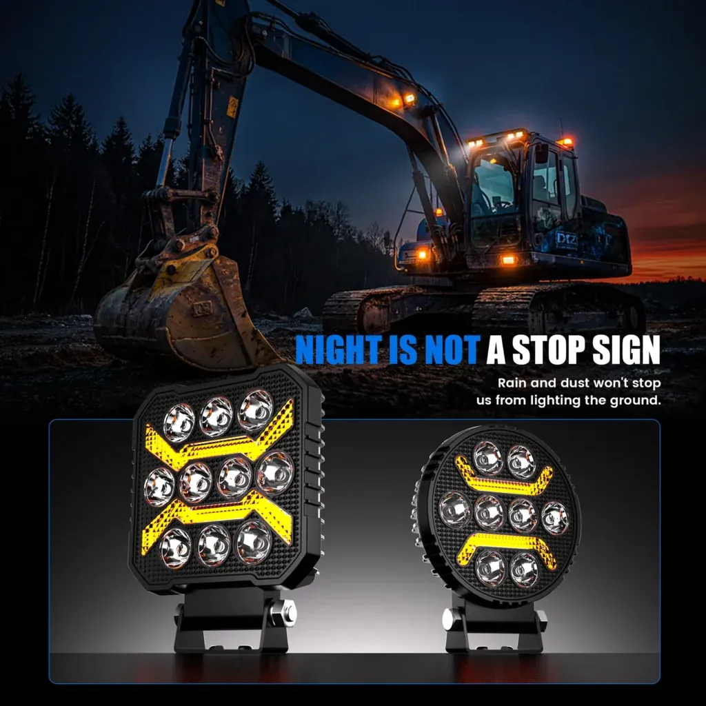 DXZ LED work lights on a backhoe during night operation