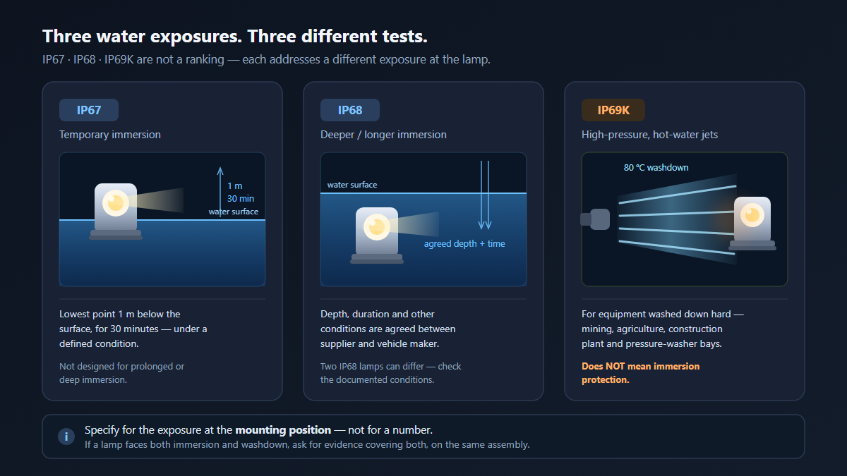 Three-panel comparison of vehicle light water ingress ratings: IP67 temporary immersion with the lamp lowest point 1 m below the surface for 30 minutes, IP68 deeper or longer immersion with agreed depth and duration, and IP69K high-pressure hot-water jet cleaning at 80 degrees Celsius