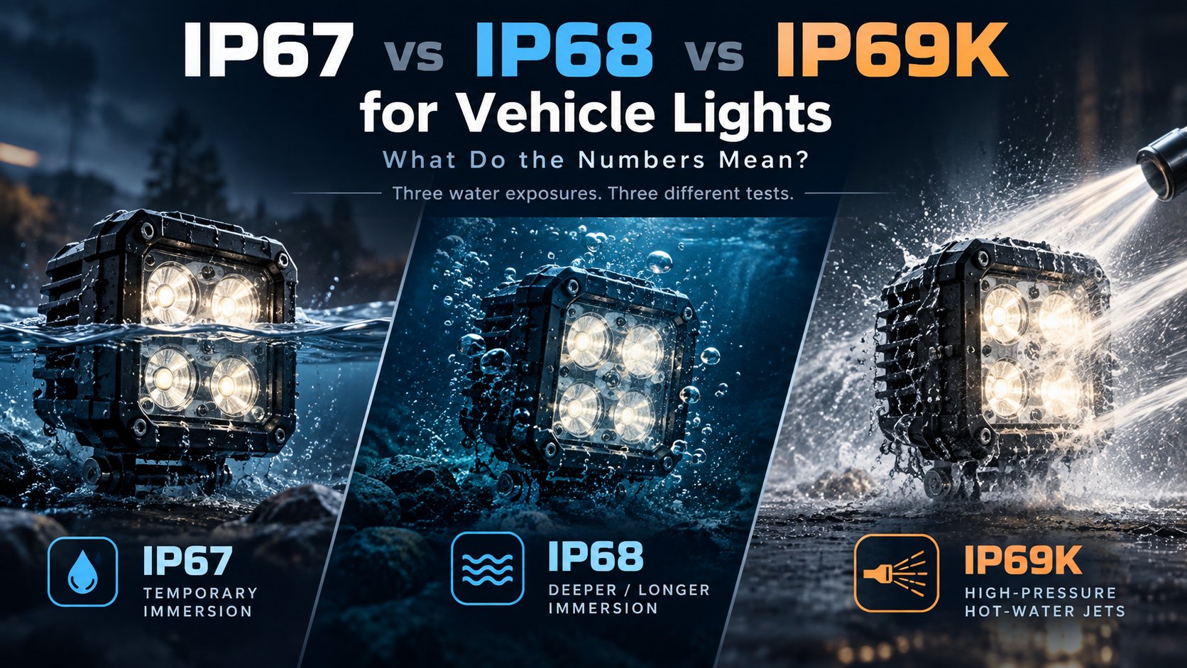 Three-panel comparison of IP67, IP68 and IP69K water ingress ratings for vehicle lights. IP67 shows a lamp half submerged with water splashing above the housing, temporary immersion to 1 metre for 30 minutes. IP68 shows the same lamp deeper underwater with suspended air bubbles, deeper or longer immersion agreed between supplier and vehicle manufacturer. IP69K shows the lamp under high-pressure hot-water jets from a pressure washer, cleaning resistant to 100 bar water at 80 degrees Celsius.