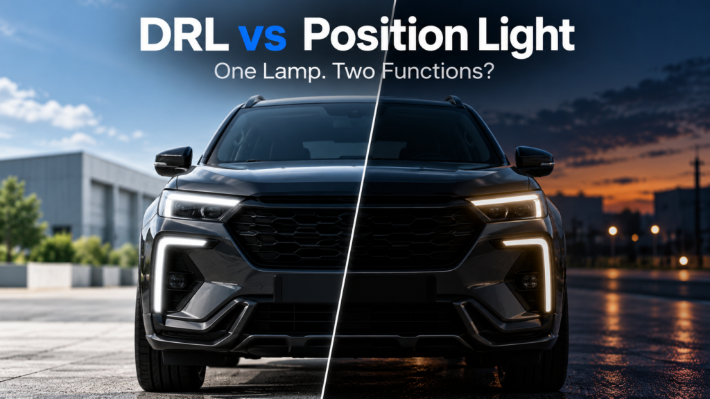 Illustrated front view of an SUV split between daylight and dusk for a DRL versus position-light comparison.