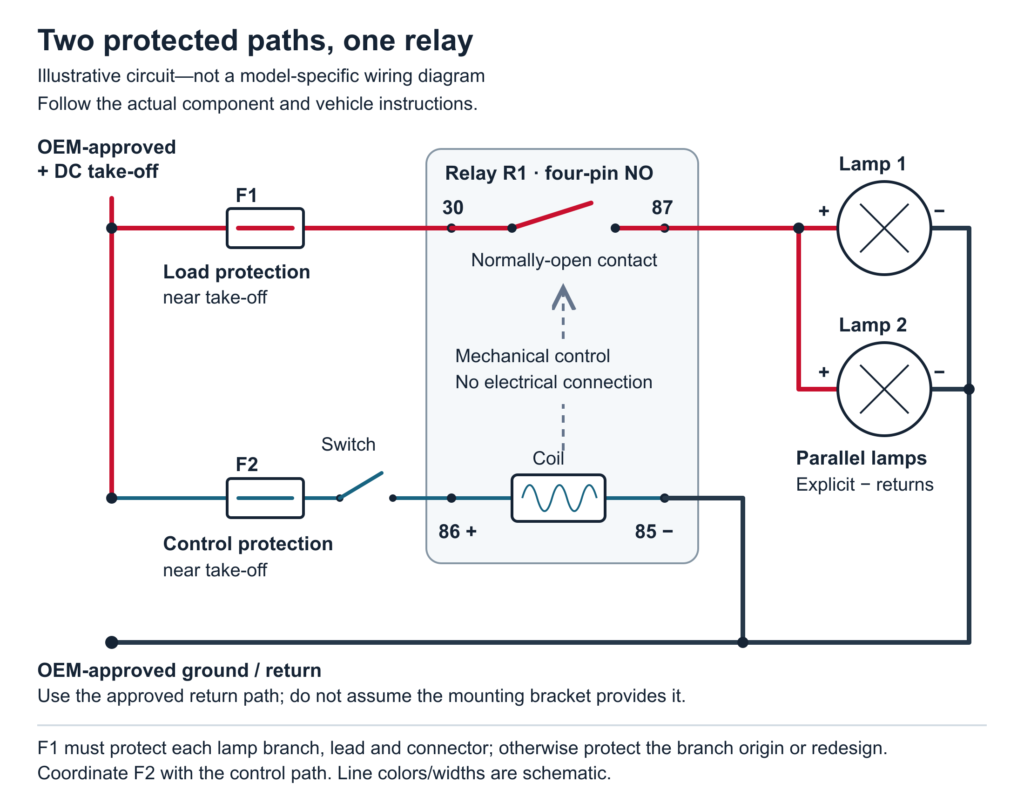 Two separately fused circuits: a normally-open relay supplies parallel work lights, while a switch controls the coil.
